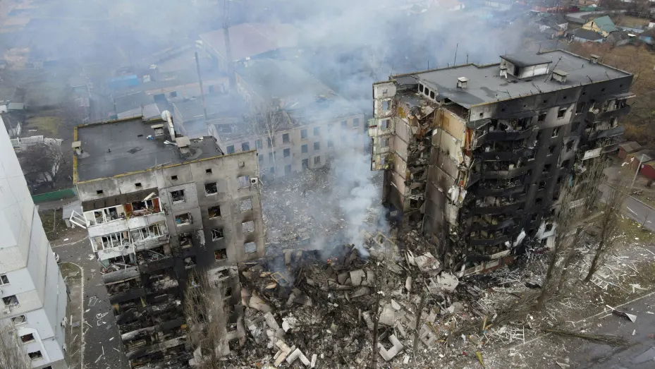 FILE PHOTO: An aerial view shows a residential building destroyed by shelling, as Russia's invasion of Ukraine continues, in the settlement of Borodyanka in the Kyiv region, Ukraine March 3, 2022. Picture taken with a drone. REUTERS/Maksim Levin/File Photo  SEARCH MAKSIM LEVIN FOR ALL IMAGES.