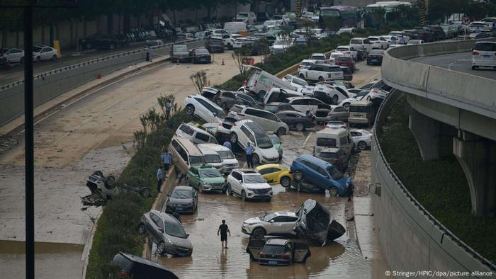 Flooded streets in China, cars jumbled together