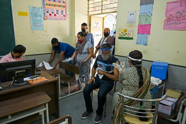 A vaccination center at a school in New Delhi on Wednesday. 