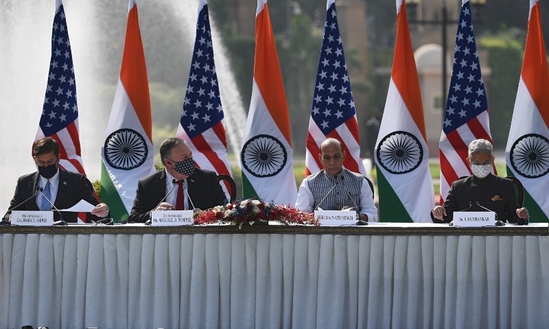 US Secretary of Defense Mark Esper, US Secretary of State Mike Pompeo, India's Defence Minister Rajnath Singh and India's Foreign Minister Subrahmanyam Jaishankar attend a joint press briefing on October 27. — AFP
