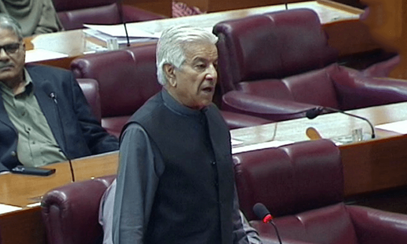 <p>Defence Minister Khawaja Asif addresses the National Assembly on Friday. — DawnNewsTV</p>