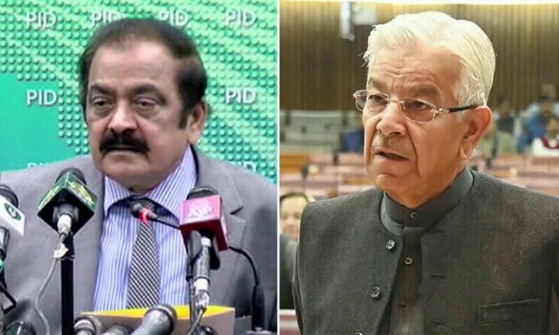 This combo photo shows Defence Minister Khawaja Asif (right) and Interior Minister Rana Sanaullah. — Photos: DawnNewsTV/NA Twitter