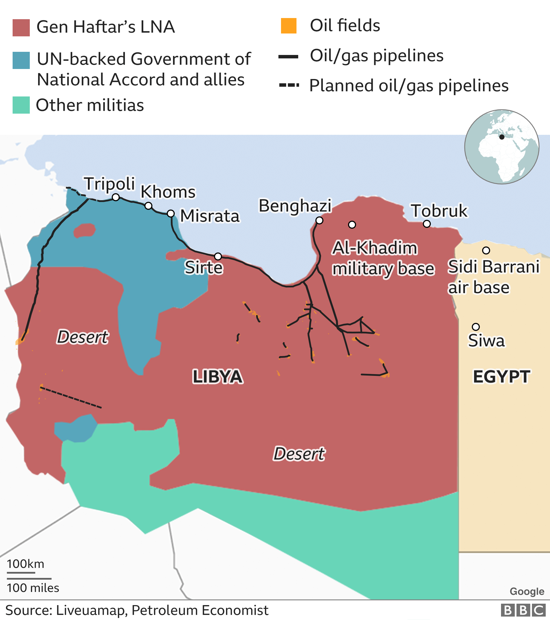 map showing areas of control in Libya