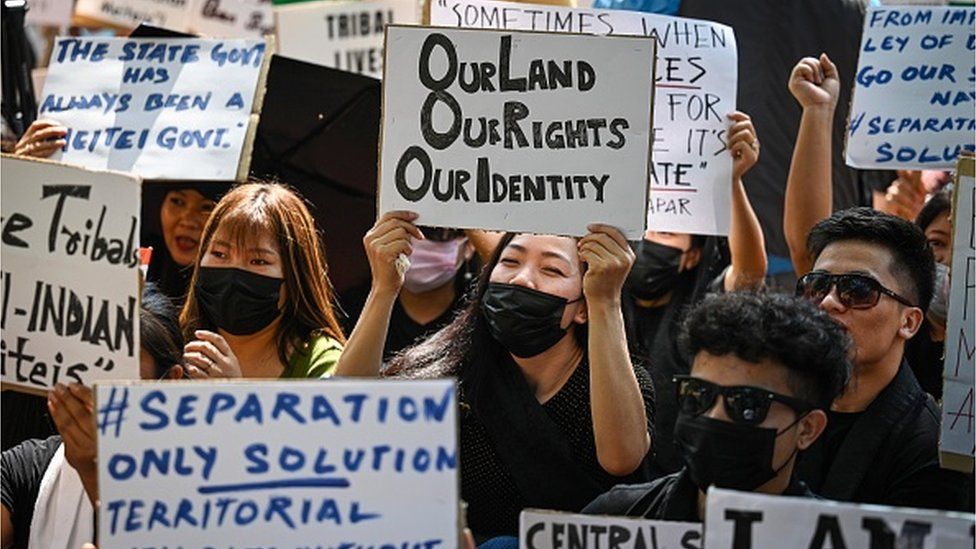 Tribal people of Manipur take part in a 'Tribal Solidarity protest' against the ongoing tension in the state, at Jantar Mantar on May 31, 2023 in New Delhi, India.