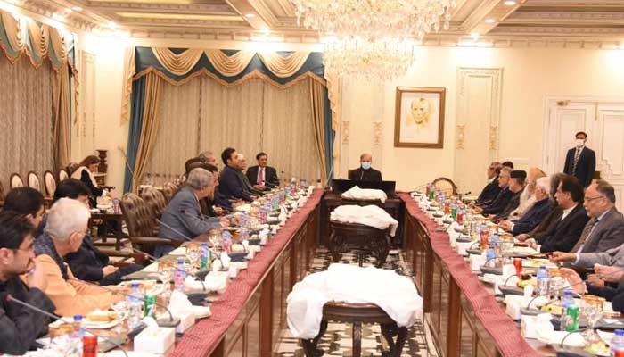 Prime Minister Shehbaz Sharif addresses a consultative meeting with coalition partners. — PML-N/Twitter