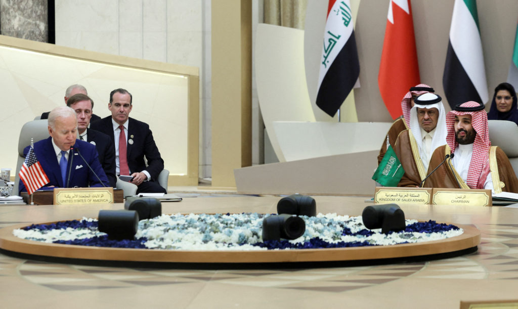 U.S. President Joe Biden and Saudi Crown Prince Mohammed bin Salman attend an Arab summit, in Jeddah, Saudi Arabia, July 1...