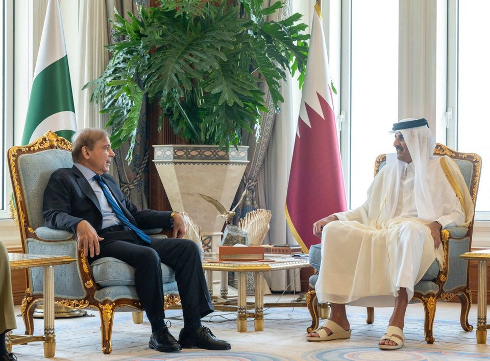 qatar s emir sheikh tamim bin hamed al thani meets prime minister shehbaz sharif in doha on august 24 2022 photo courtesy qatar news agency