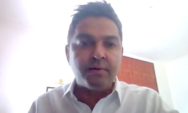 PCB chief executive Wasim Khan speaks to reporters virtually on Sunday. — Screengrab