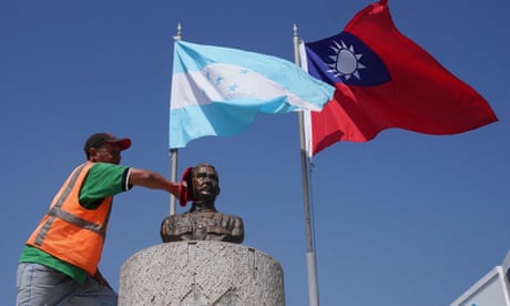 Honduran and Taiwanese flags fly at Republic of China Square in Tegucigalpa 