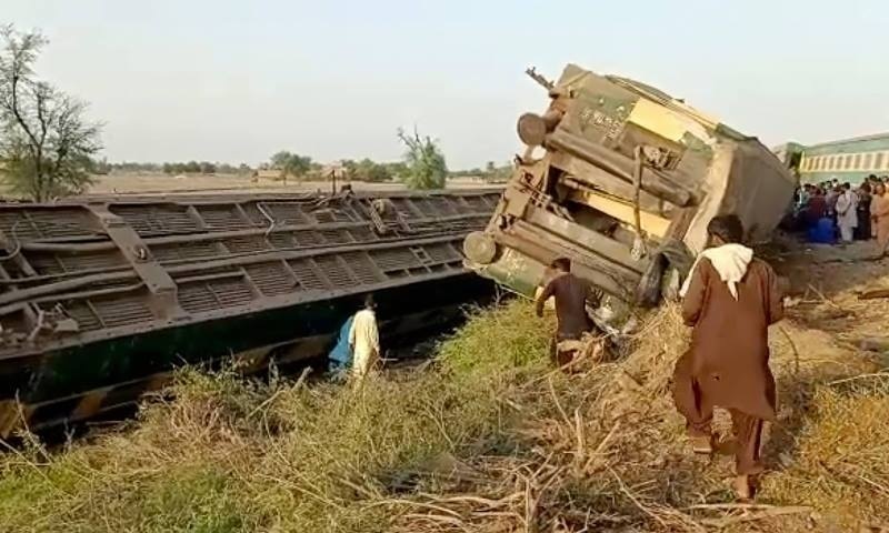 This image from a video shows the site of a train collision in Ghotki. — AP