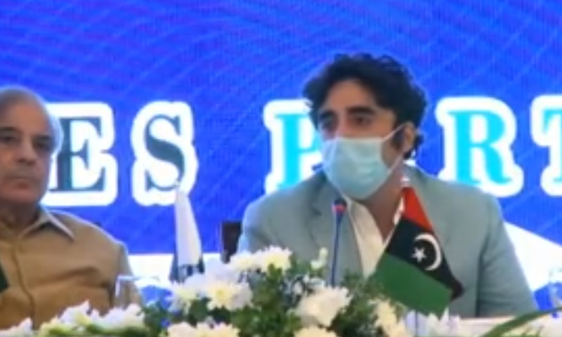 PPP and PML-N chiefs Bilawal Bhutto Zardari and Shehbaz Sharif at multiparty conference in Islamabad on Sunday. — Screengrab