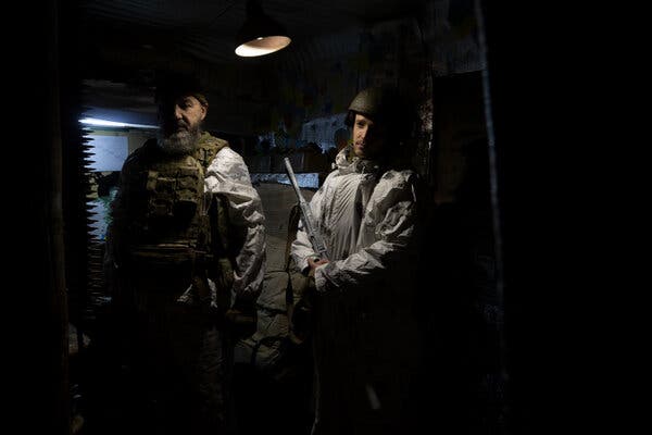 Ukrainian soldiers in an observation point at a front line position on Friday in Novotoshkivske, in the Luhansk region of eastern Ukraine.