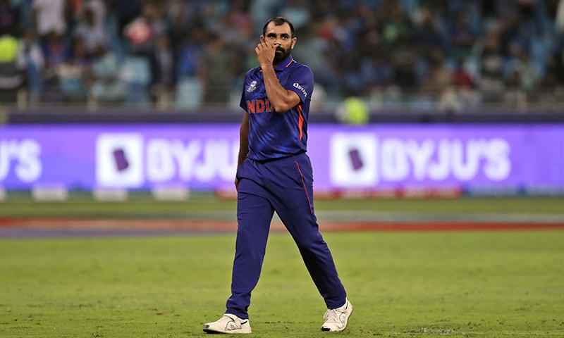 India's Mohammed Shami reacts after he was hit by three consecutive boundaries during the Twenty20 World Cup match between India and Pakistan in Dubai, UAE, Sunday, Oct 24. — AP