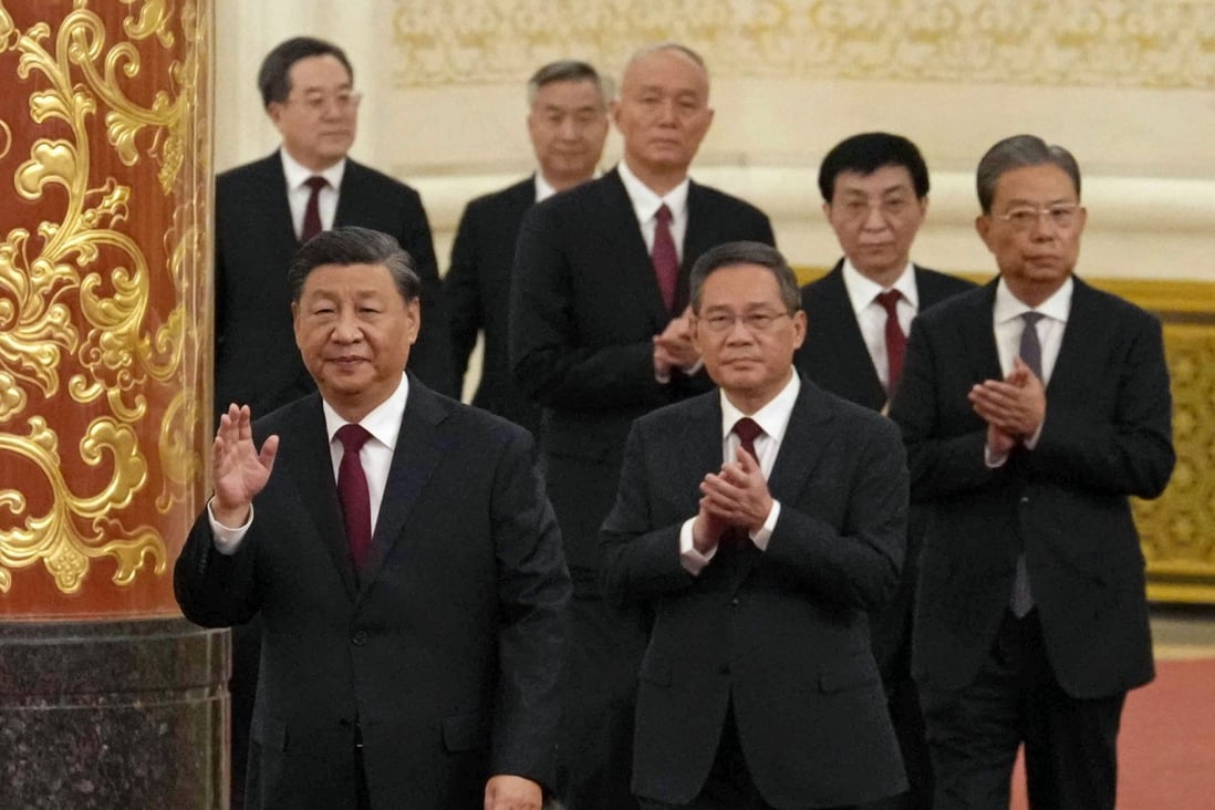Chinese President Xi Jinping with members of the new Politburo Standing Committee a day after the conclusion of the Chinese Communist Party’s 20th National Congress. Photo: Kyodo