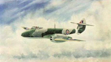 Asghar Khan pilots the Gloster Meteor III, May  201946—RAF West Raynham, UK (Painting by Gp. Capt. Hussaini).