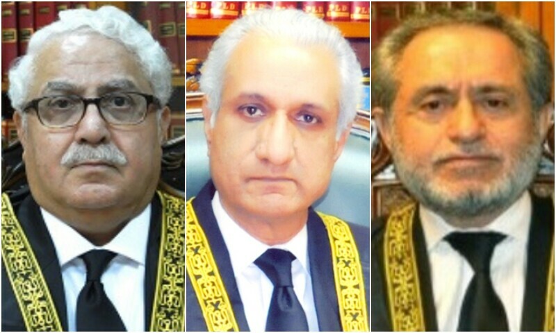 <p>Justice Sayyed Mazahar Ali Akbar Naqvi (L), Justice Ijazul Ahsan (M) and Justice Jamal Mandokhail (R) — DawnNewsTV</p>