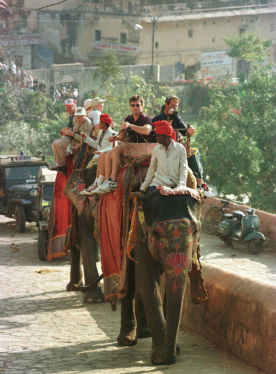 Steve Waugh and Paul Reiffel ride an elephant at Amber Fort, Jaipur, during the World Cup
