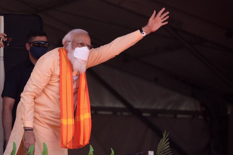 Indian Prime Minister Narendra Modi gestures during a campaign rally ahead of West Bengal Assembly elections in Jaynagar, near Kolkata, India, on April 1.