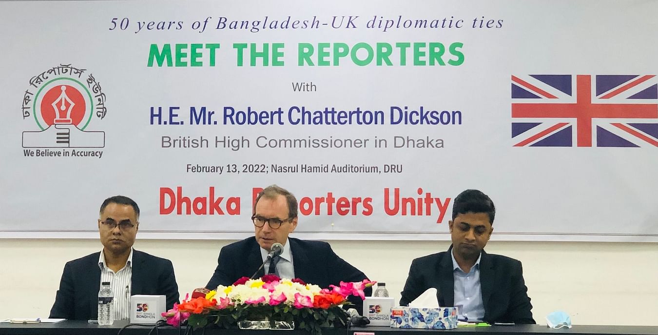 British high commissioner to Bangladesh Robert Chatterton Dickson speaks at a Meet the Reporters programme hosted by Dhaka Reporters' Unity (DRU) on 13 February