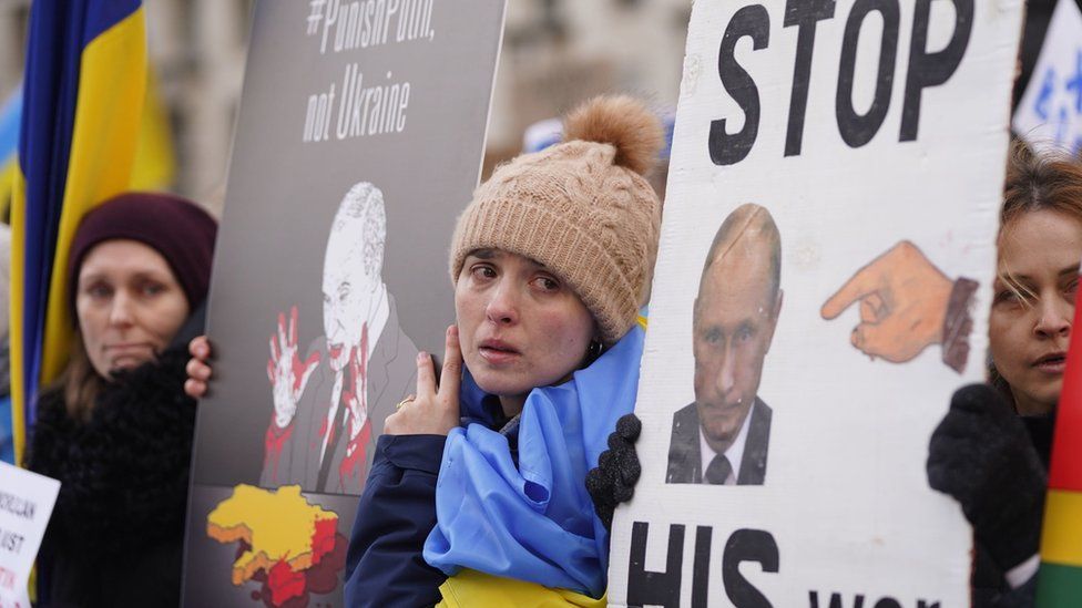 Ukrainians hold a protest against the Russian invasion of Ukraine outside Downing Street