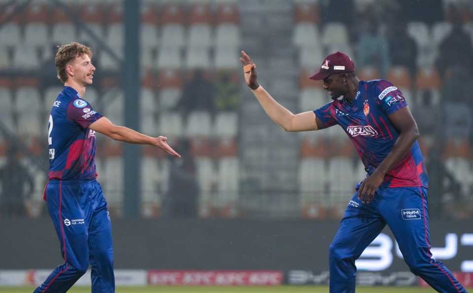 Riley Meredith celebrates a wicket with Jason Holder, Multan Sultans vs Islamabad United, Pakistan Super League, Multan, April 23, 2025