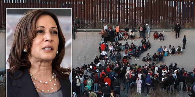 Vice President Kamala Harris in Dulles, Virginia, on June 17, 2022, and migrants gathered at a crossing into El Paso, Texas, on Tuesday, Dec. 20, 2022.
