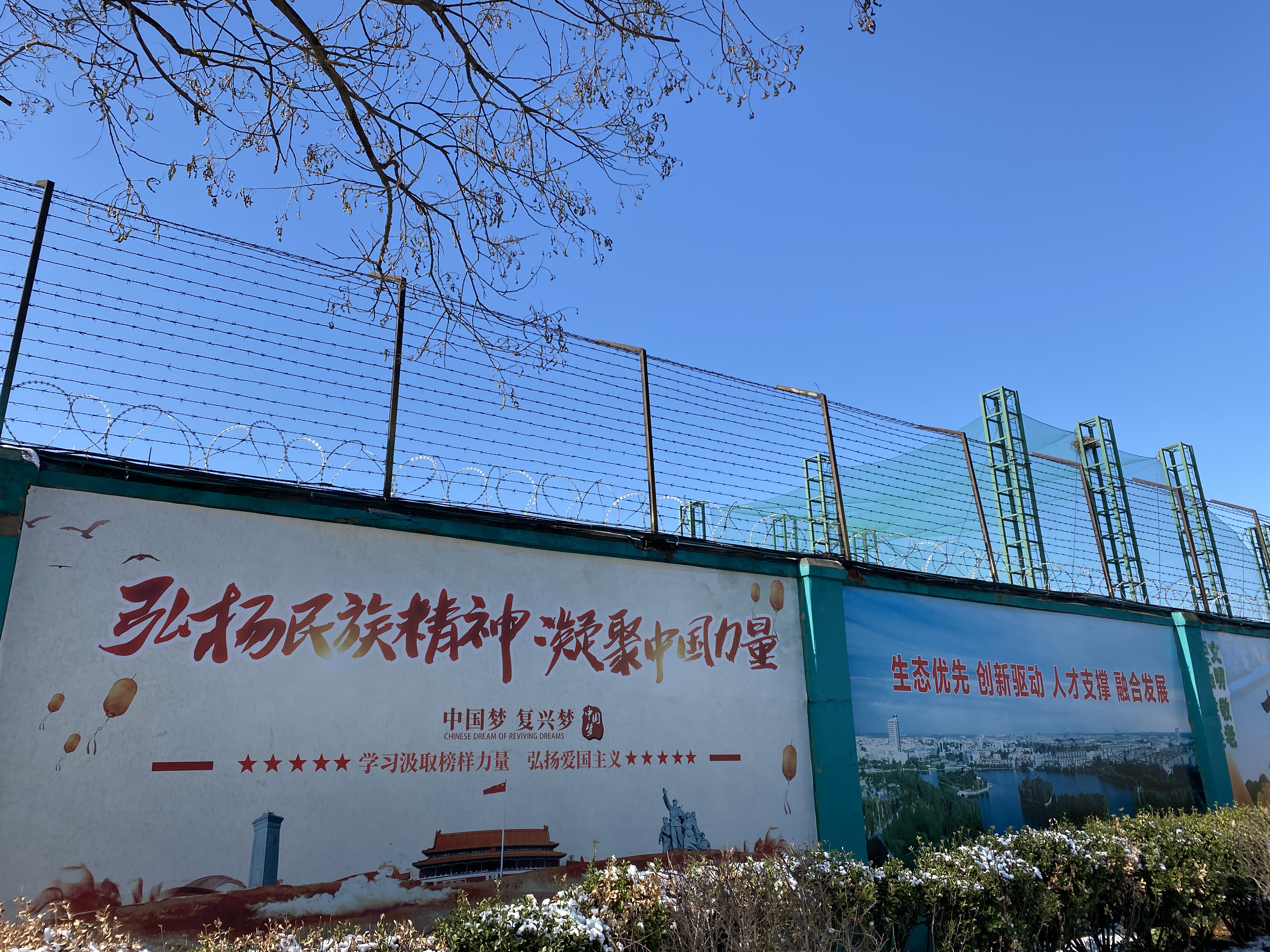  The fences along the side of the Qingdao Taekwang Shoes Co. factory