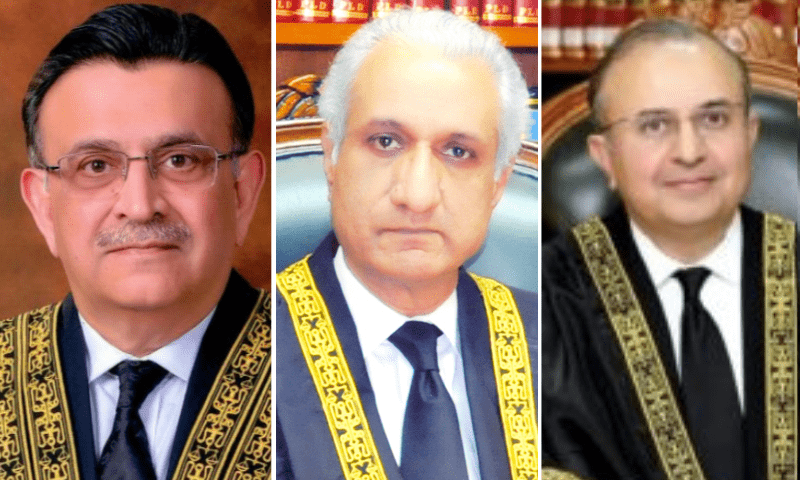 <p>From left to right: Chief Justice Umar Ata Bandial, Justice Ijazul Ahsan and Justice Syed Mansoor Ali Shah. — Photo courtesy SC website</p>