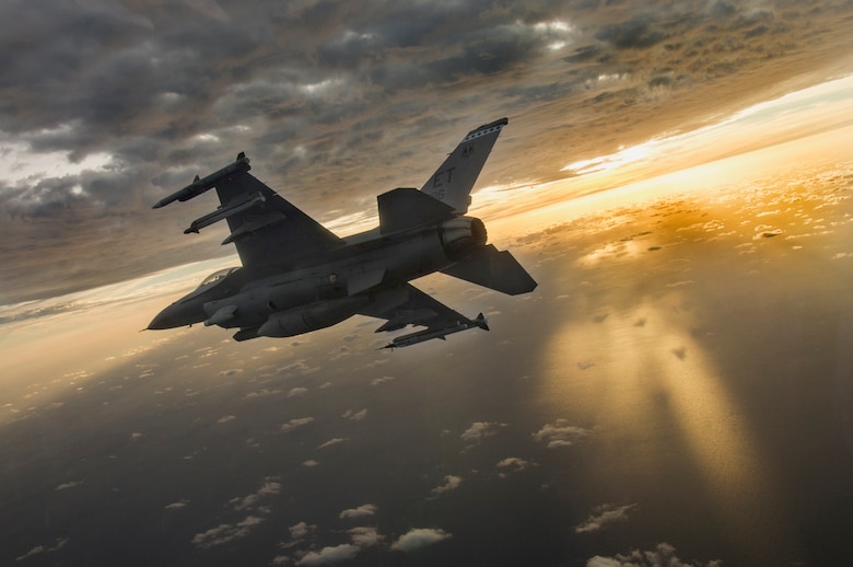 A F-16 Fighting Falcon flies during a mission at Eglin Air Force Base, Fla., Feb. 14, 2019. To support the growing demand for new F-16 Fighting Falcon from partner nations, the U.S. Air Force has teamed with Lockheed Martin Corp. to open a new production line to build the F-16 Block 70/72 fighter aircraft at the company’s facility in Greenville, S.C.