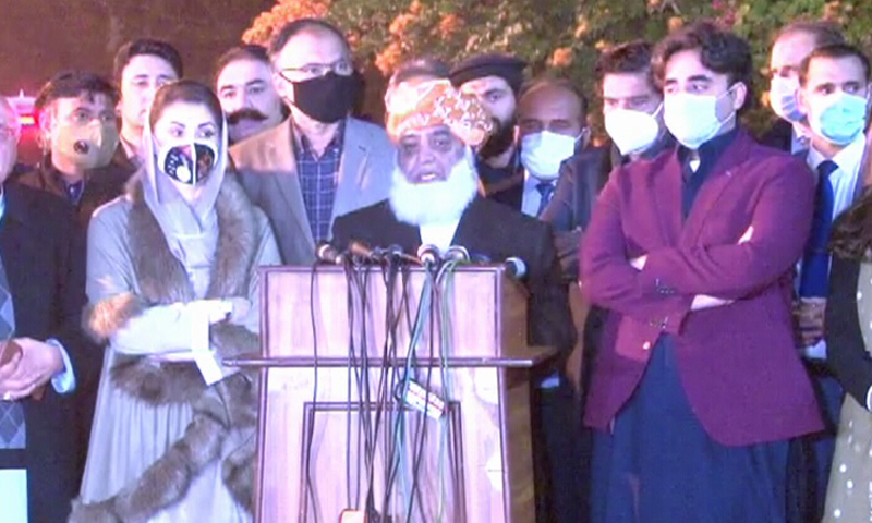 PDM leaders speak to the media in Lahore on Monday. — DawnNewsTV