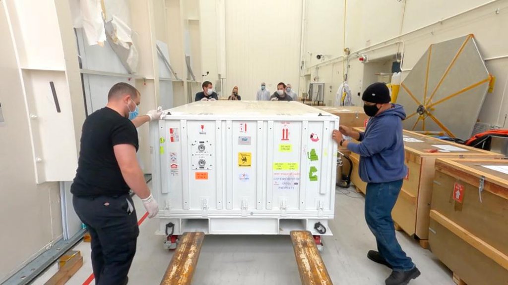 The S-band SAR arrived at JPL on March 19. The next day, technicians and engineers moved the S-SAR into the airlock to the Spacecraft Assembly Facility's High Bay 1 clean room, to be unpacked over several days in the clean room.