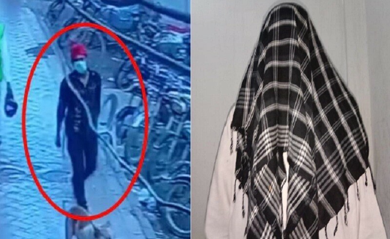 <p>Pictures released by Sindh CTD showing suspect at the crime scene while another image (R) shows him with his face covered in the custody of police. — Photo provided by author.</p>