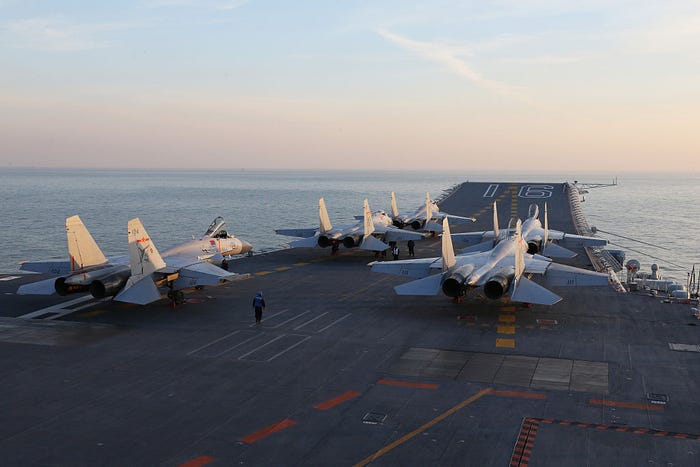 Chinese J-15 fighter jets waiting on the deck of the Liaoning aircraft carrier