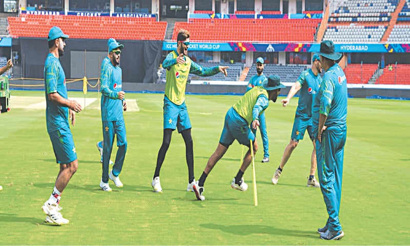 HYDERABAD: Pakistan cricketers attend a training session at the Rajiv Gandhi International Cricket Stadium on Thursday.—courtesy PCB