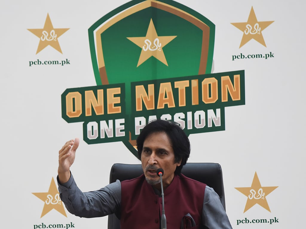 Ramiz Raja, newly elected Chairman of the Pakistan Cricket Board, addresses a news conference in Lahore
