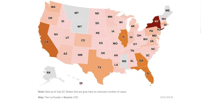 A map of the US shows monkeypox cases per state. Every state reporting data has reported at least one case.