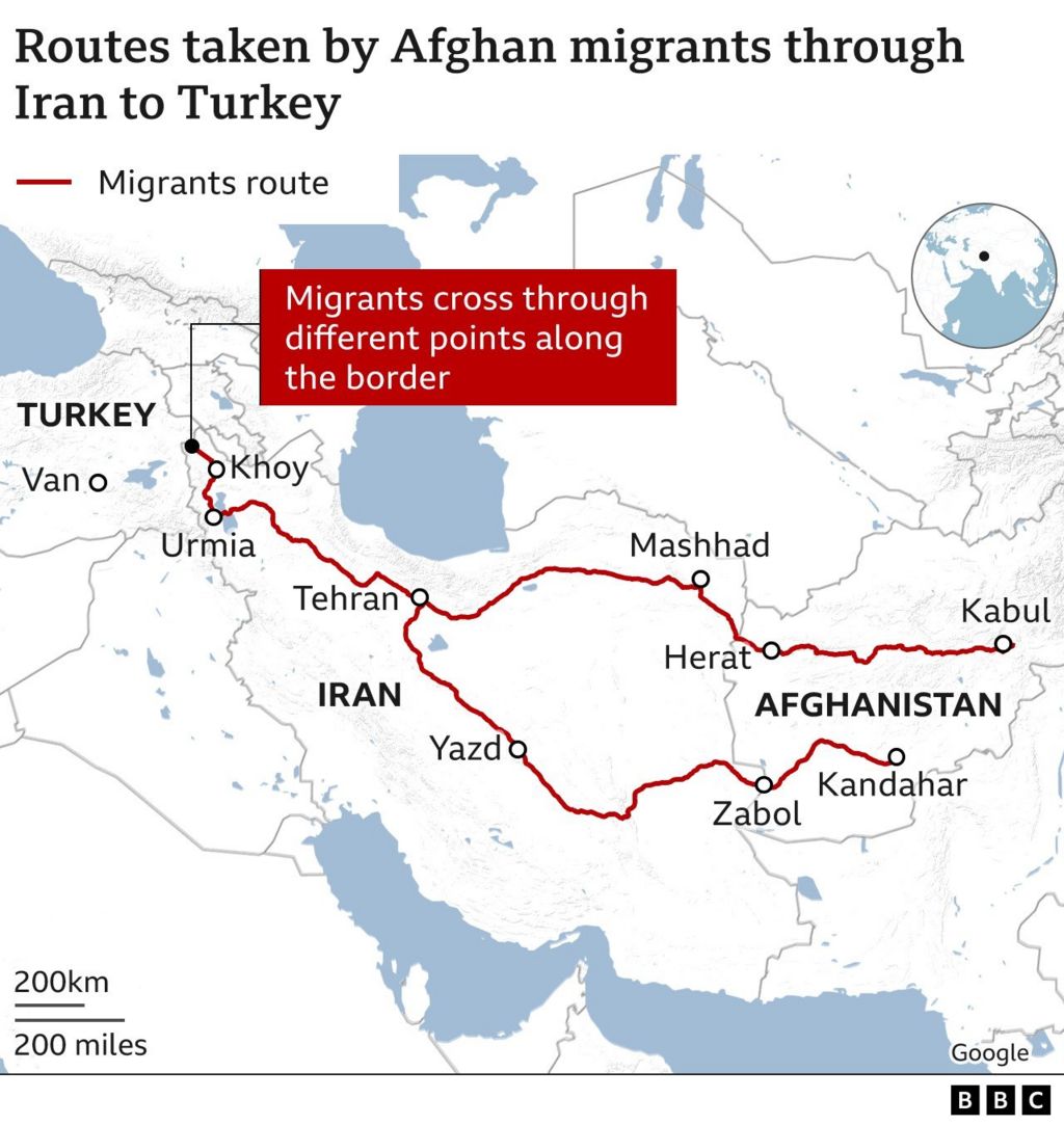 Map shows routes taken by Afghan migrants through Iran to Turkey