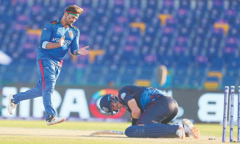 Afghanistan pacer Hamid Hassan celebrates after dismissing Namibia captain Gerhard Erasmus during their Group II match at the Sheikh Zayed Cricket Stadium in Abu Dhabi, UAE on Sunday. — AP