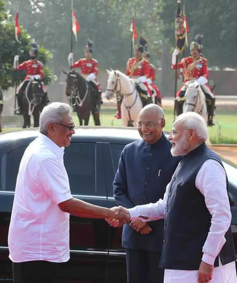 Sri Lankan President Gotabaya Rajapaksa is welcomed by President Ram Nath Kovind and Prime Minister Narendra Modi before the ceremonial welcome at Rashtrapati Bhawan in New Delhi on November 29, 2019