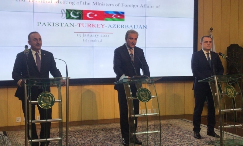 (From left) Turkish Foreign Minister Mevlut Cavusoglu, Foreign Minister Shah Mehmood Qureshi and Azerbaijani Foreign Minister Jeyhun Bayramov address a joint press conference in Islamabad. — Photo provide by Naveed Siddiqui