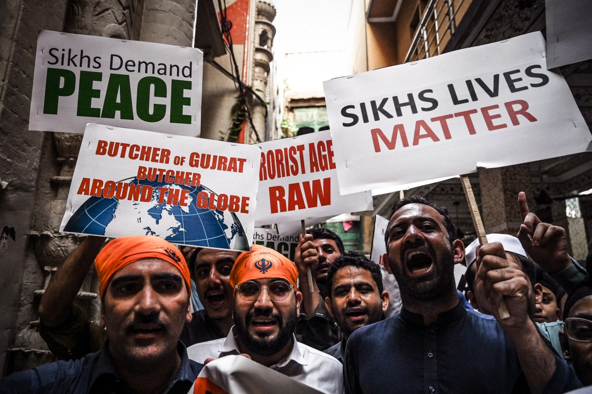 Members of Pakistan's Sikh community take part in a protest in Peshawar on September 20, 2023, following the killing in Canada of Sikh leader Hardeep Singh Nijjar. India on September 19 rejected the absurd allegation that its agents were behind the killing of a Sikh leader in Canada, after Prime Minister Justin Trudeau's bombshell accusation sent already sour diplomatic relations to a new low. (Photo by Abdul MAJEED / AFP) (Photo by ABDUL MAJEED/AFP via Getty Images)