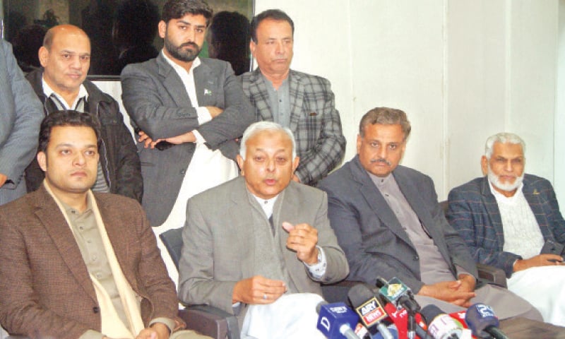 Aviation Minister Ghulam Sarwar Khan speaks at a press conference on Saturday.