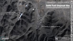 A satellite image captured on November 9 shows the burn pit, which is used to dispose of solid-propellant leftover from the production of ballistic missiles, post-burn cleanup.  