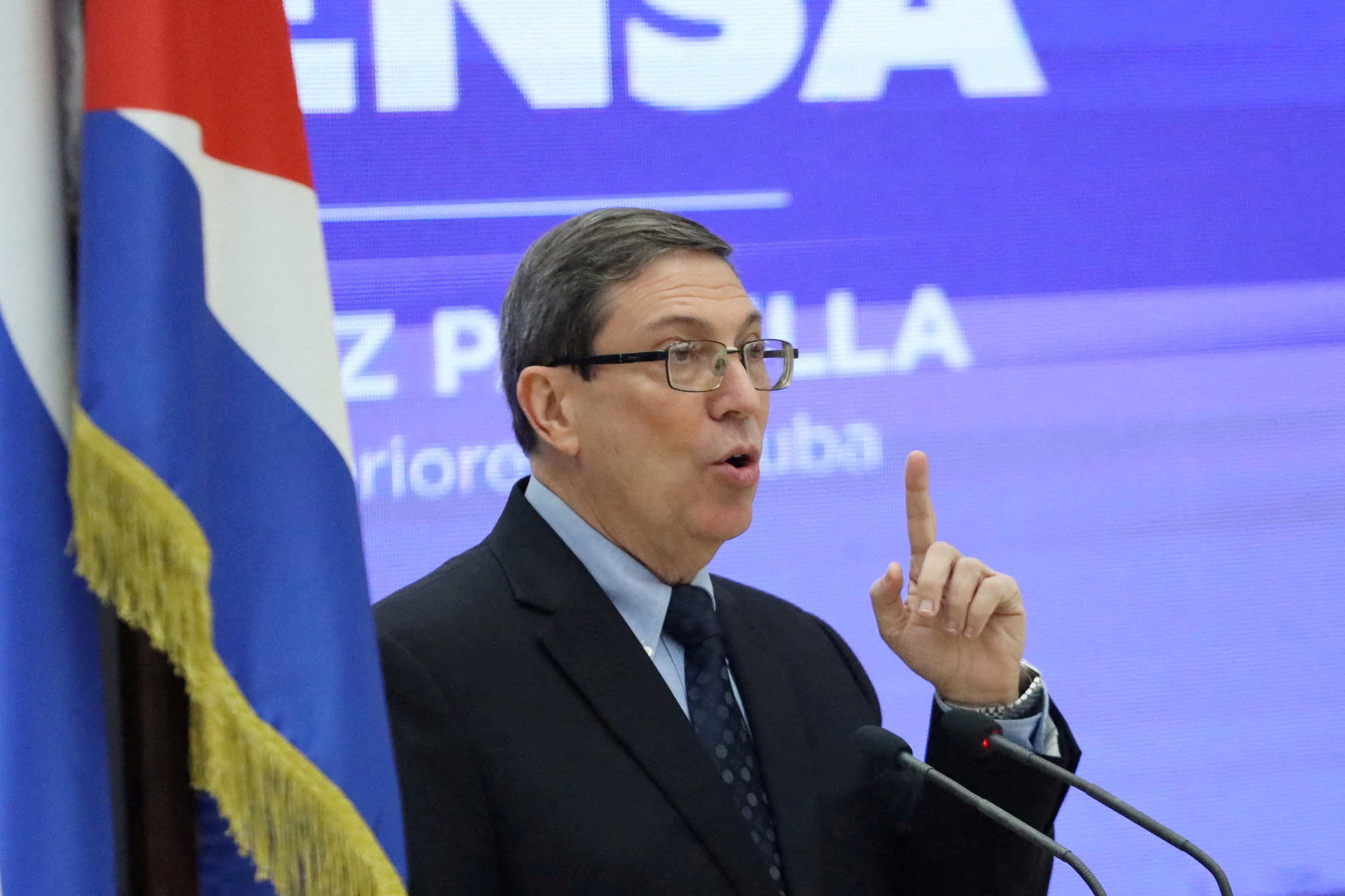 Bruno Rodriguez gives a news conference in Havana