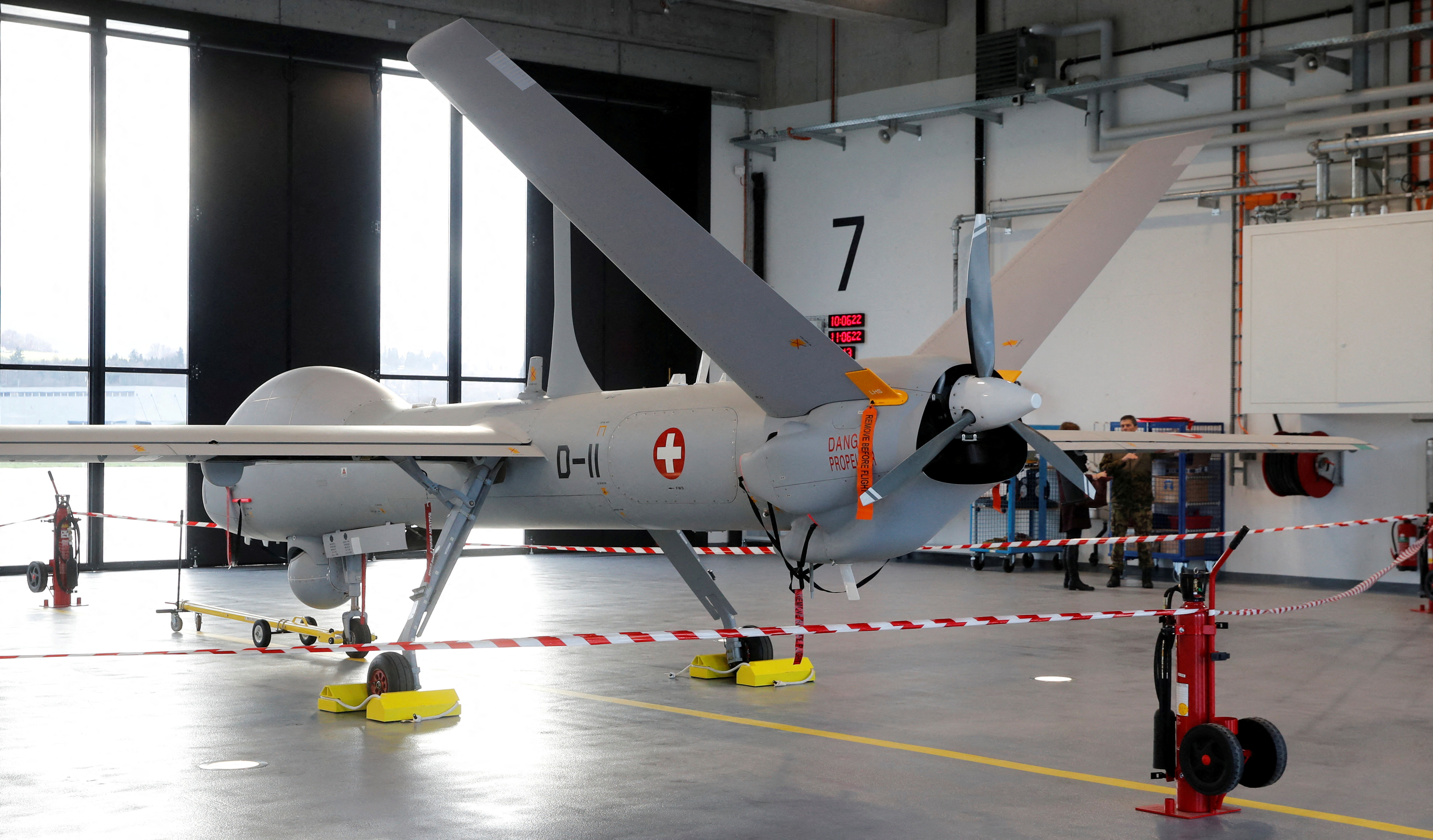 An Elbit HERMES 900 HFE drone at a media presentation in Emmen, Switzerland