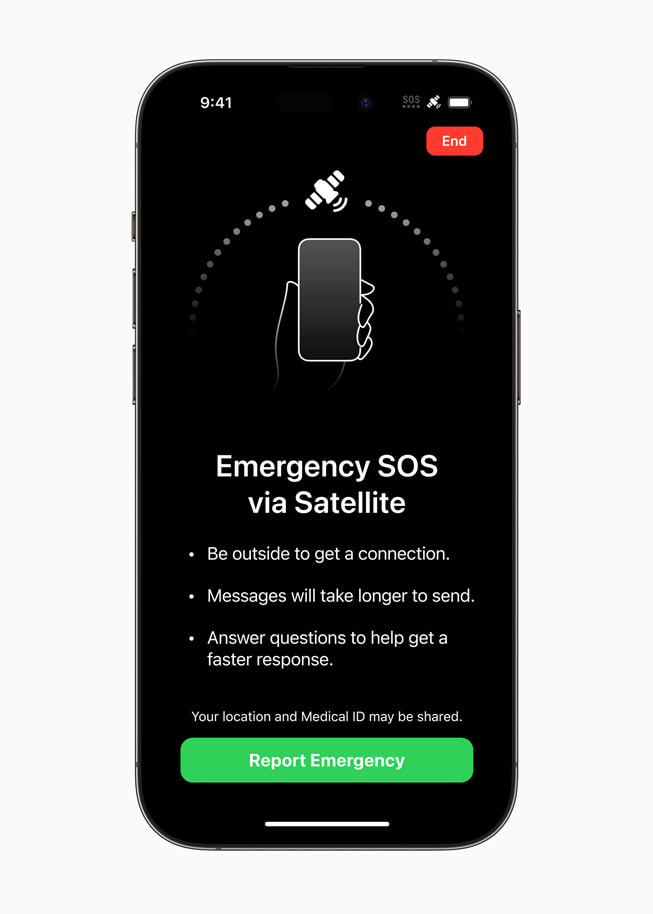 The Emergency SOS via satellite instructions appear on an iPhone 14 screen.