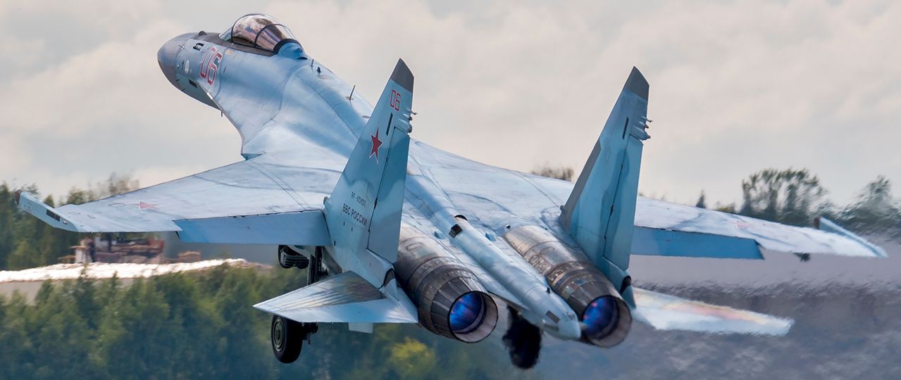 A Russian Aerospace Forces Su-35S during a standard takeoff procedure 