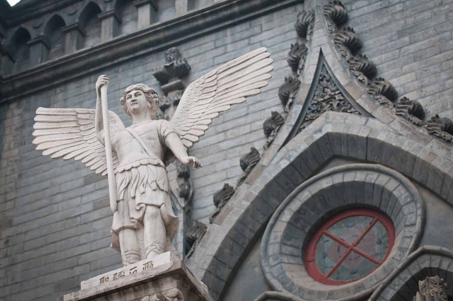 statue of the archangel Michael in front of St. Michael's Church in Beijing, China