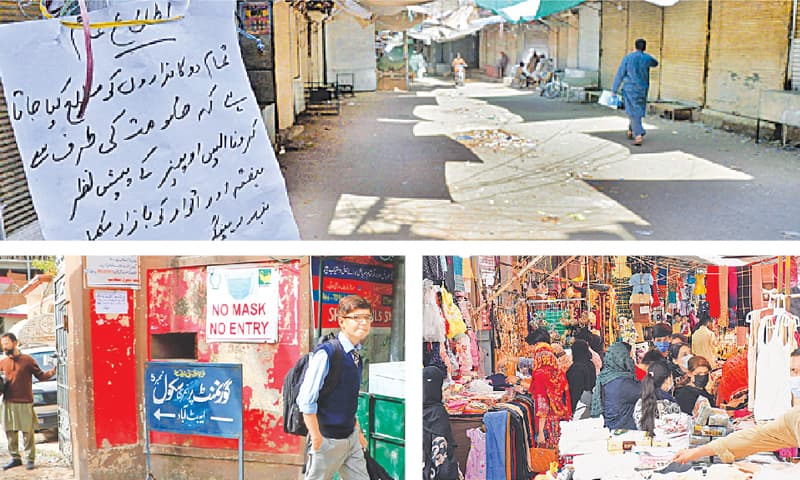 (Clockwise) Shops in a wholesale market of Peshawar are seen closed on Saturday as part of the standard operating procedures to halt spread of the coronavirus. Customers gather in front of shops at Karachi Company Market in Islamabad in violation of smart lockdown. A student leaves his school in Abbottabad after four students and teachers tested positive for coronavirus forcing the district administration to close down the institution until April 7. — Shahbaz Butt / White Star / Online