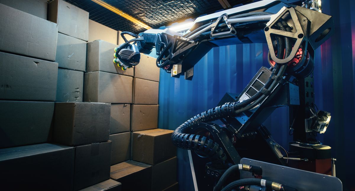 Boston Dynamic's stretch robot unloading a trailer from the robots press release March 2021